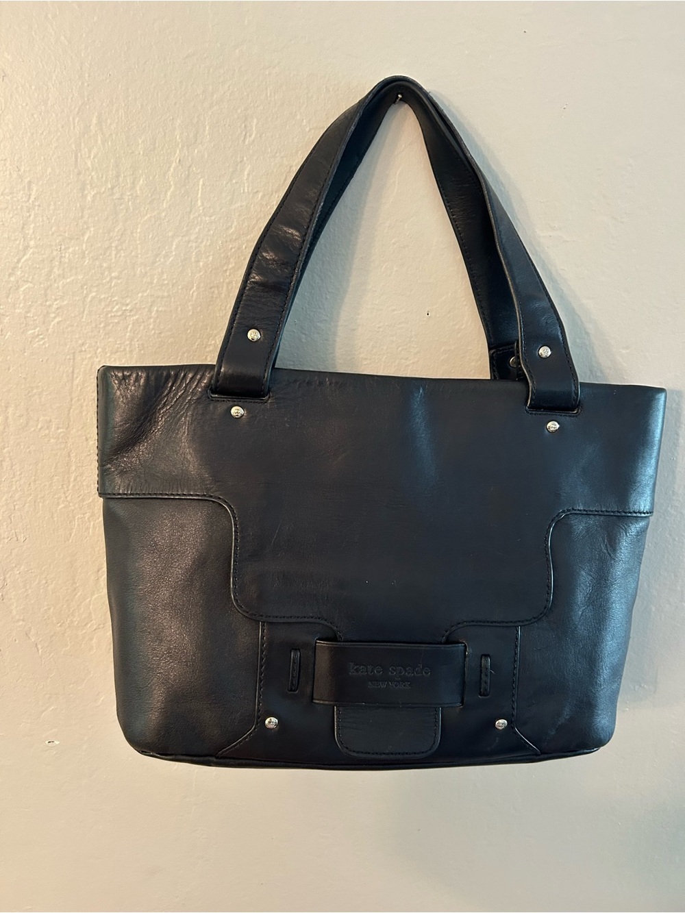 kate spade Black Leather Tote with Front Flap Detail
